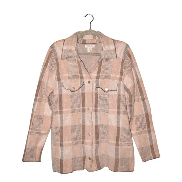 RACHEL ZOE $128 Beige Gray Plaid Fuzzy Shirt Jacket Shacket Snap Placket 1X - Picture 1 of 4